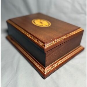 Vintage Wooden Marquetry Jewelry Watch Box Inlay Sunburst Green Velvet Lining